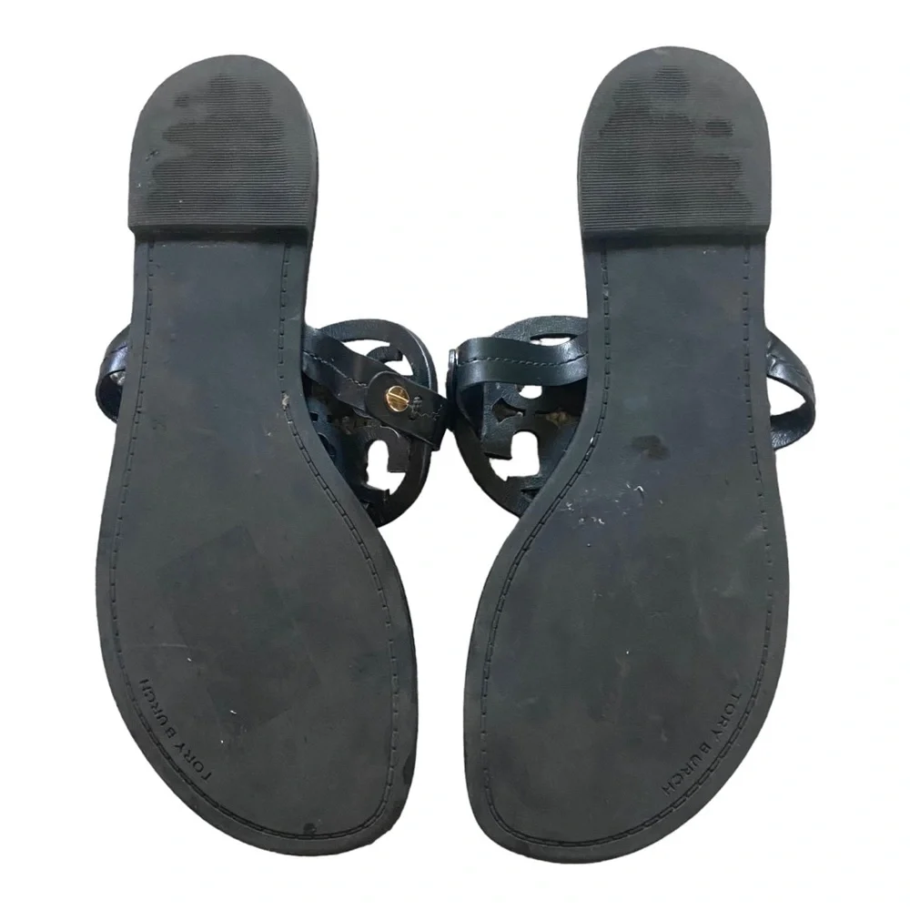 Tory Burch Leather Logo Miller Thong Sandals Sz 9 Black Leather - Picture 6 of 8